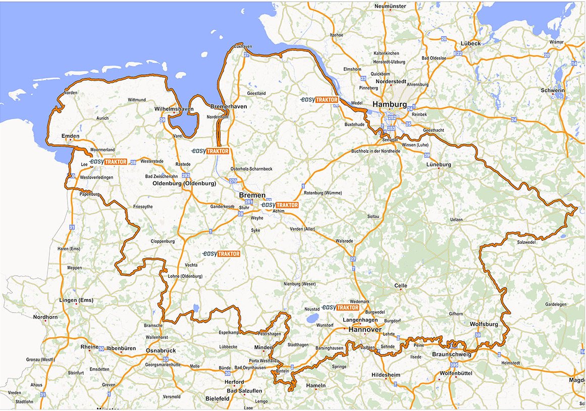 Karte vom Vertriebsgebiet von easyTAKTOR mit Niedersachsen, Bremen und Bremerhaven